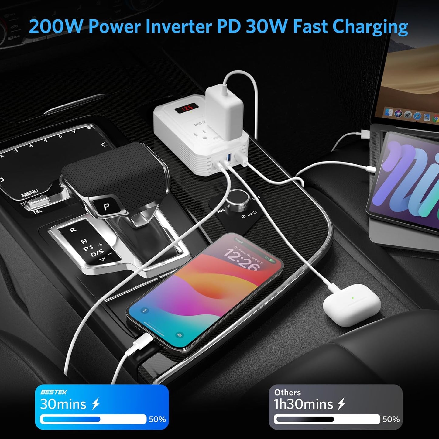 BESTEK 200W Car Power Inverter - DC 12V to 110V AC Converter with 2 USB-C(30W) and 2 USB-QC(18W) - Fast Car Charger Adapter with LCD Screen, Dual AC Adapter for Laptops