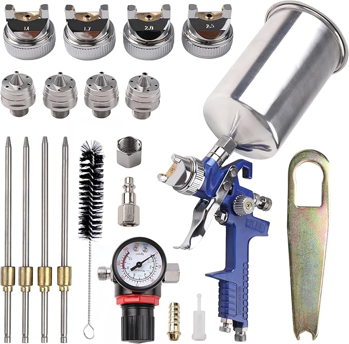 HVLP Gravity Feed Spray Gun, Automotive Air Paint Spray Gun Kit with 4 Nozzles,1.4mm 1.7mm 2.0mm and 2.5mm, 1000cc Aluminum Cup, Suitable for Auto Paint, Base Coat & Touch Up