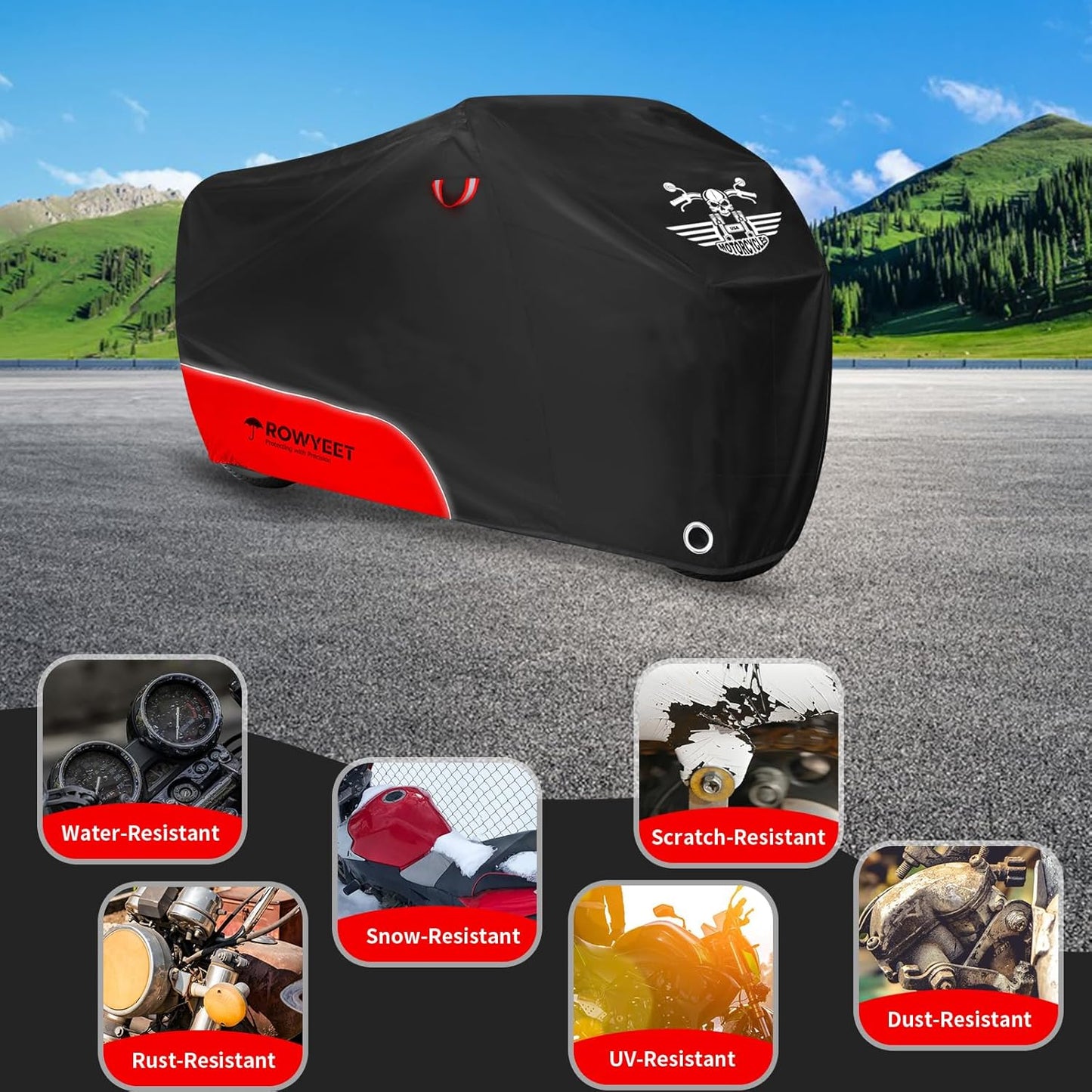 Motorcycle Cover Waterproof Outdoor Storage with Lock-Holes, Storage Bag & Night Reflective Design, Heavy Duty Protection Powersports Vehicle Covers Fits up to 96.5"-116" (420D Red, 104")