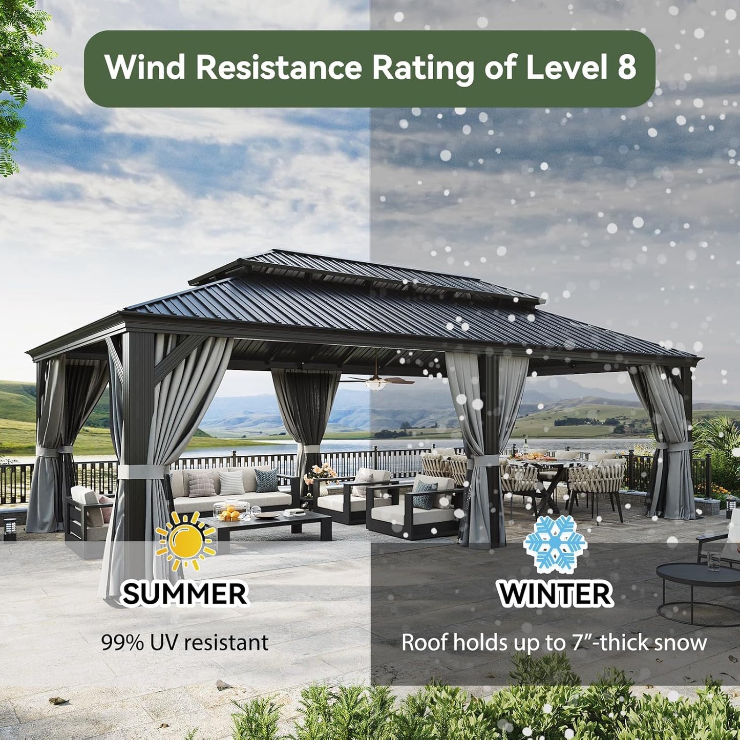 Aoxun 14' X 24' Hardtop Gazebo with Drainage System, Aluminum Outdoor Gazebo with Galvanized Steel Double Roof, Patio Permanent Metal Pavilion with 20 inch Ceiling Fan, for Garden, Deck, Grey