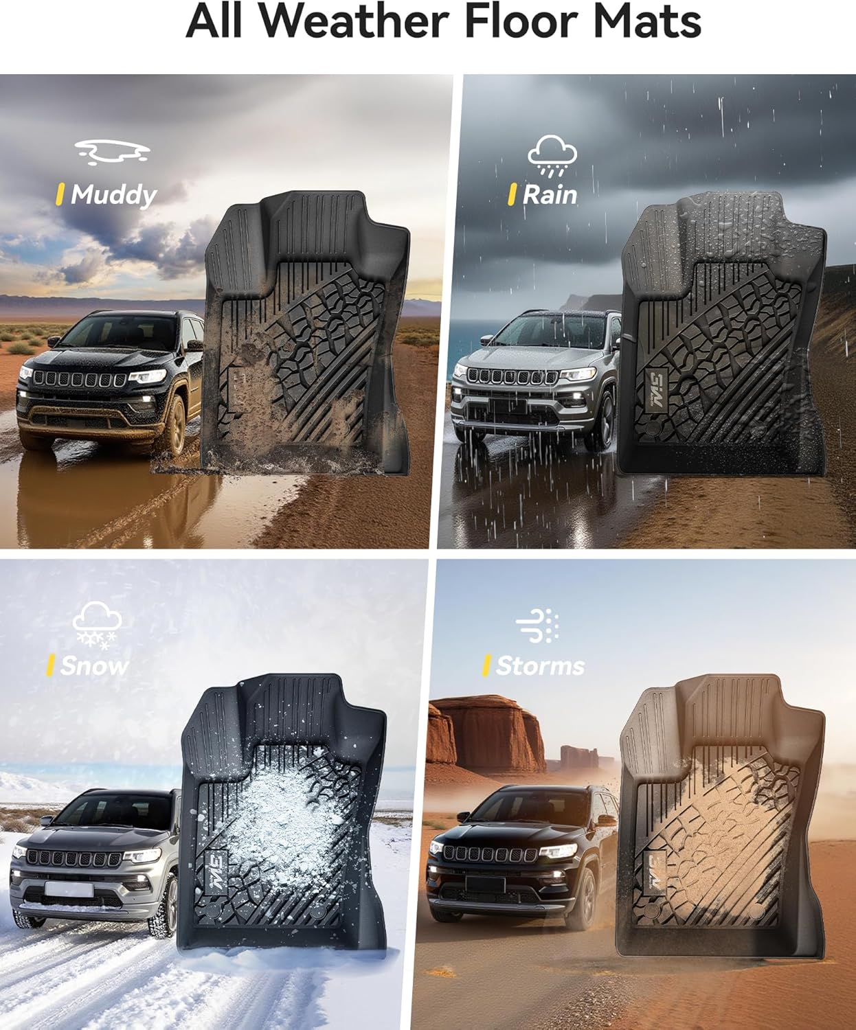 3W Floor Mats Fit for 2017-2025 Jeep Compass, TPE All Weather Custom Fit First and Second Rows Full Set Car Mats, Black