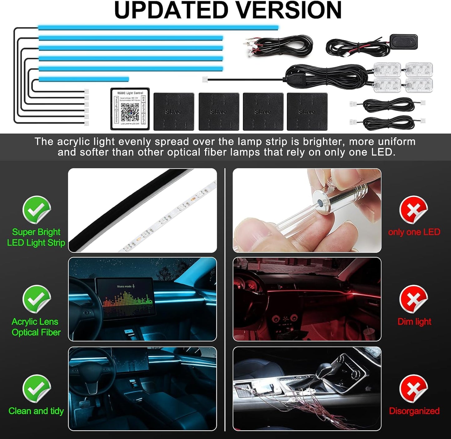 Acrylic Interior Car LED Strip Light with Wireless APP, RGB 10 in 1 with 175 inches 612 LEDs Fiber Optic Car Ambient Lighting Kits, Dynamic Music Sync Neon LED Strip Lights for Car