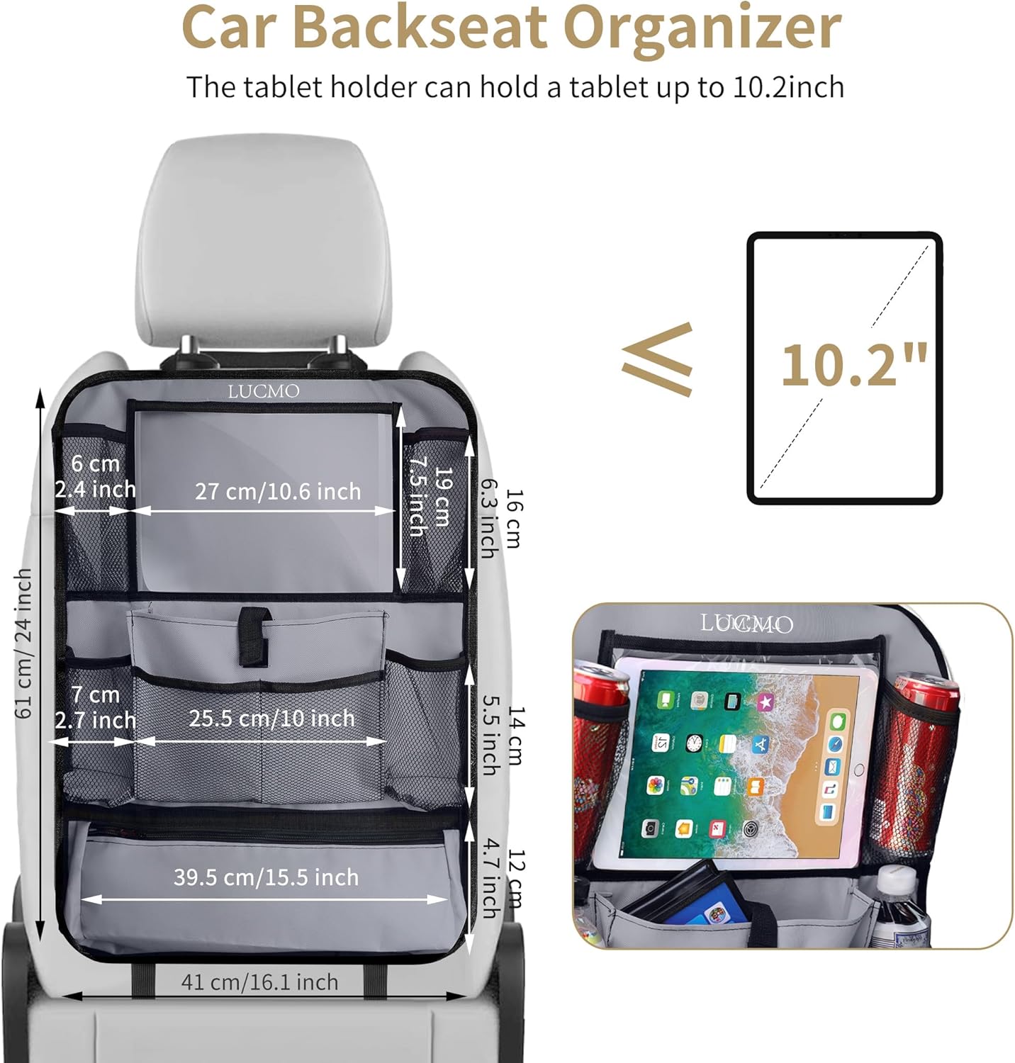 LUCMO Car Backseat Organizer with Touch Screen Tablet Holder-2 Pcs,9 Storage Pockets Car Storage Organizer Protectors Kick Mats Travel Accessories for Kids-Grey