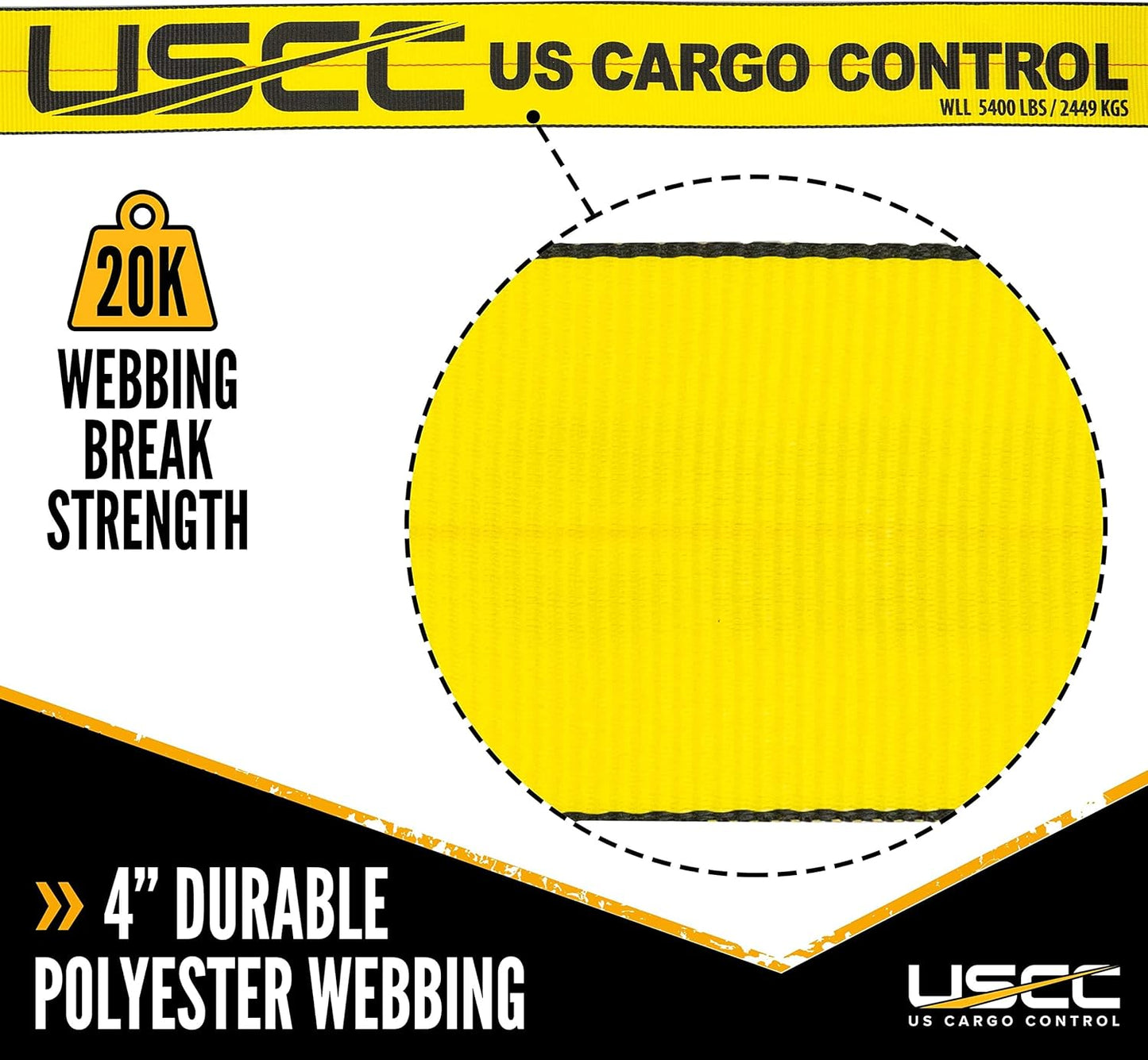 US Cargo Control Heavy Duty Yellow Fixed End with Ratchet and Flat Hook 4 Inch x 11 Inch (200-Pack), Fixed End Only, 5,400 LBS Working Load Limit