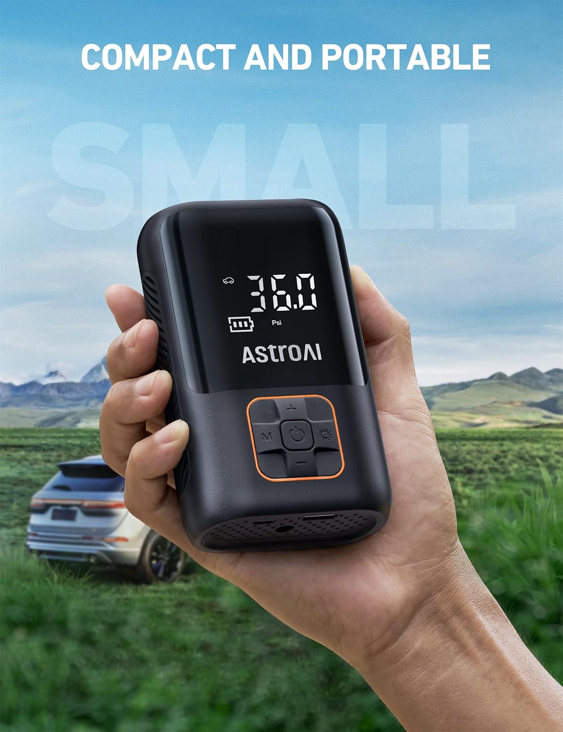 AstroAI Tire Inflator Portable Air Compressor Cordless Ultra-Lightweight Car Tire Pump 150 PSI Bike Pump with LED Lights & Digital Screen Air Pump for Cars, Motorcycles, E-Bikes, Balls-Black,Regular