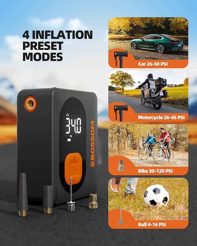 Tire Inflator Portable Air Compressor Cordless Bike Pump with Digital Dual Values Display, 130 PSI Car Tires Pump with LED Lights Air Pump for Bikes, Motorcycles, Balls(15cm Car Air Hose)