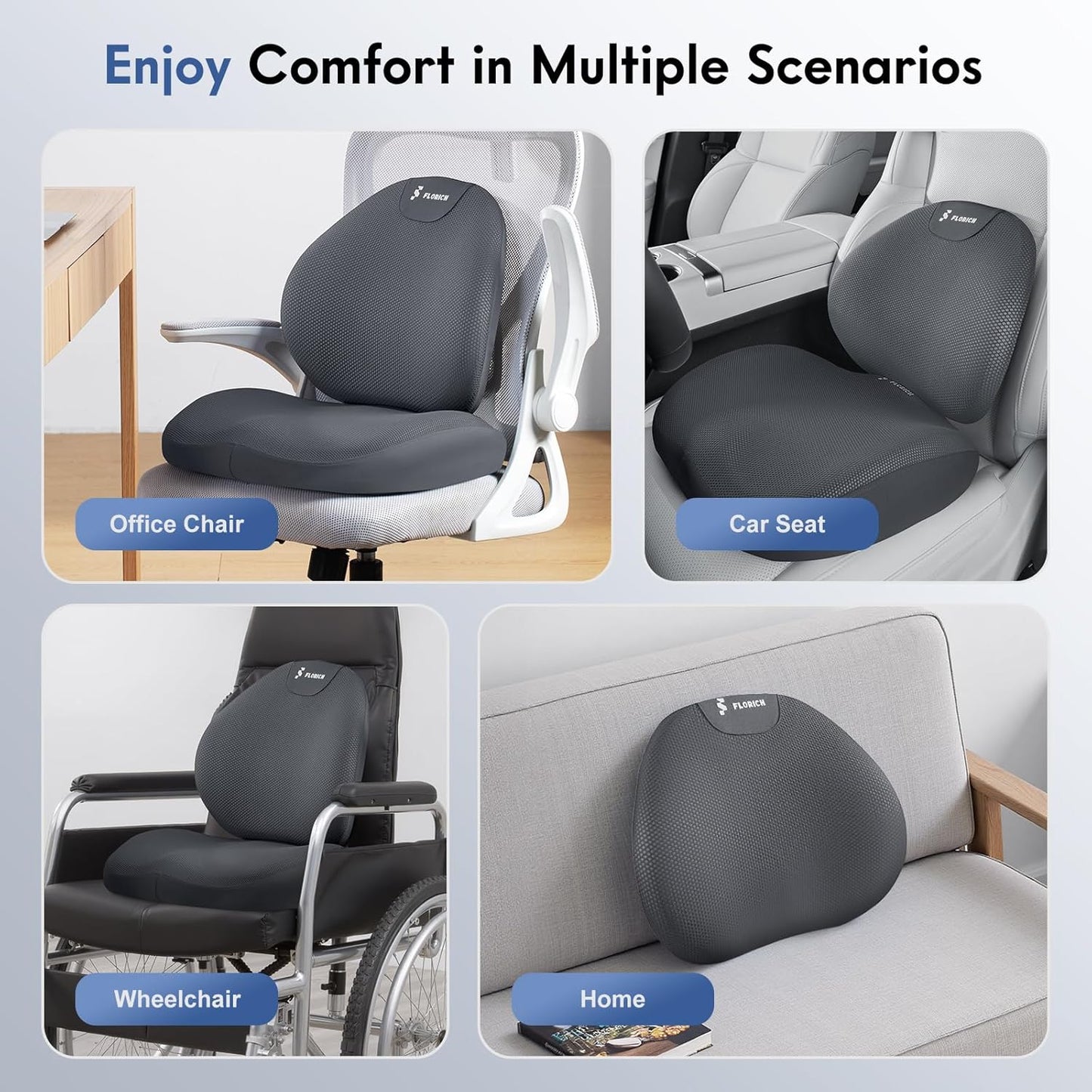 FLORICH Seat Cushion and Lumbar Support Pillow for Office Chair Car, Ergonomic Memory Foam Back Support for Office Gaming Chair Driving Seat Wheelchair, Relieves Neck, Back & Sciatica Pain – Gray