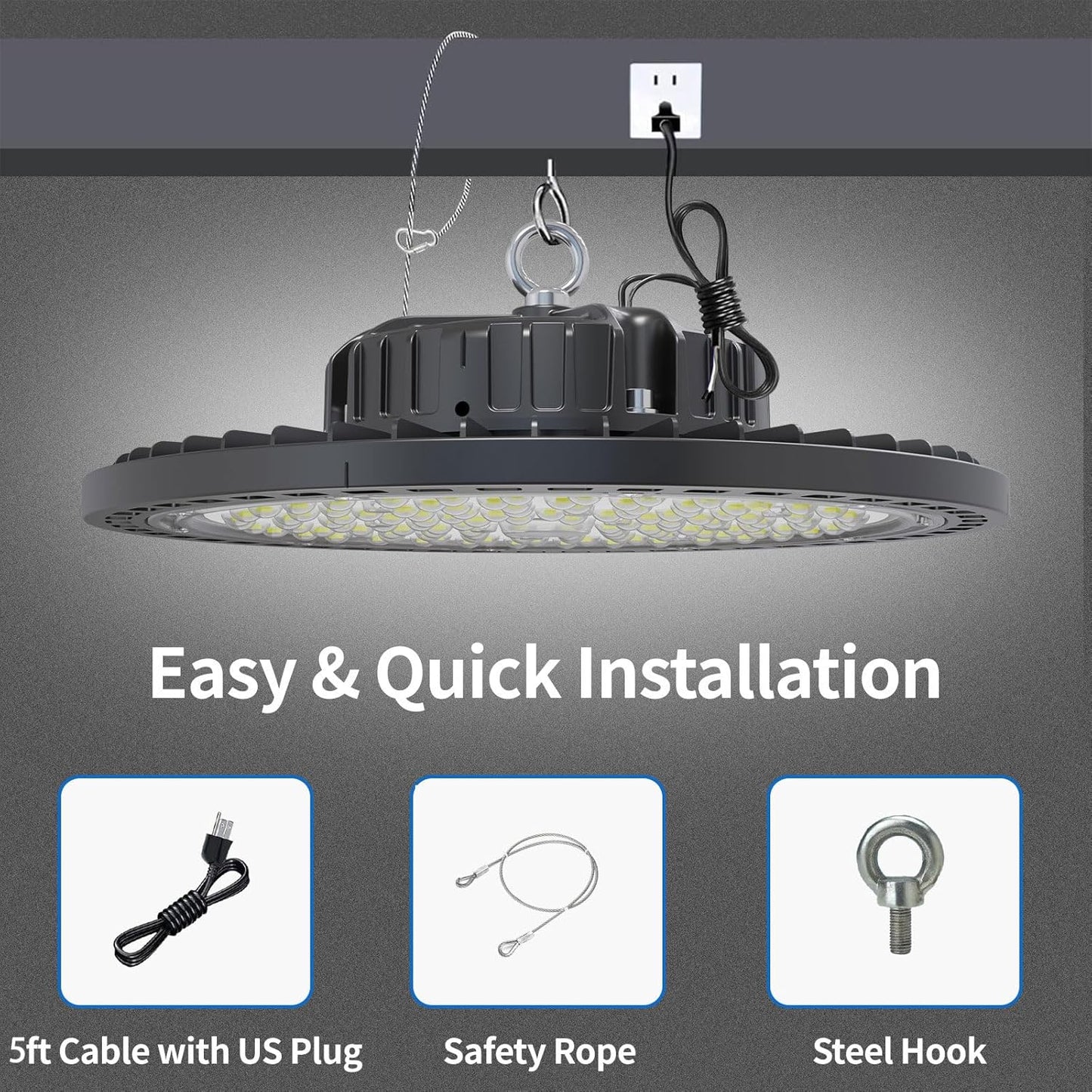 2 Pack UFO LED High Bay Light 150W, 21000 LM, 5000K with 5ft Power Cord, US Plug, Bright LED Shop Light for Basement Commercial Factory Garage Lighting, IP66 Waterproof, AC110-277V, ETL Listded