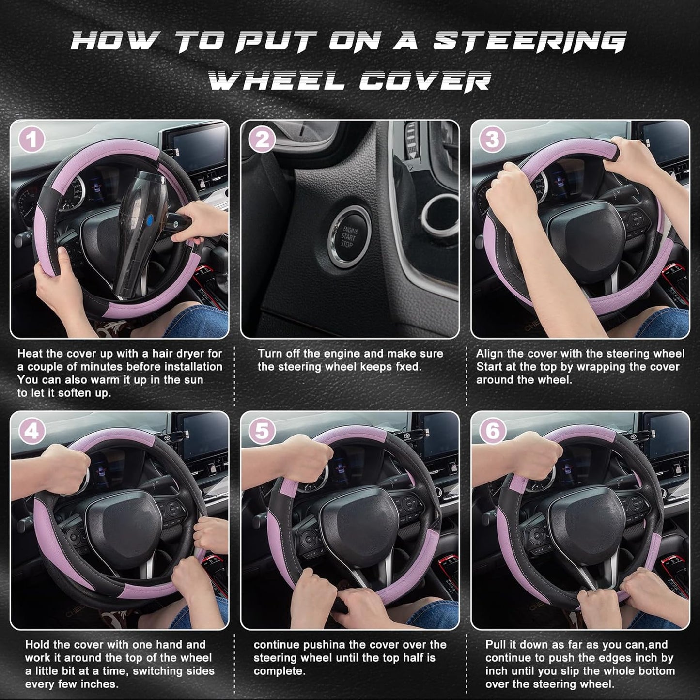 SEG Direct Steering Wheel Cover for Car, Standard Size 14.5-15 inch, Auto Interior Accessories, Black and Light Purple