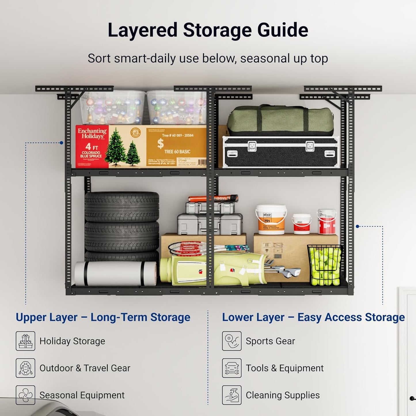 FLEXIMOUNTS 3x8 2-Tier Overhead Garage Storage Rack – Adjustable Heavy Duty Metal Garage Ceiling Storage Racks, 1000 lbs Capacity – Garages Organization System for 10–15 ft Tall Garages, Black