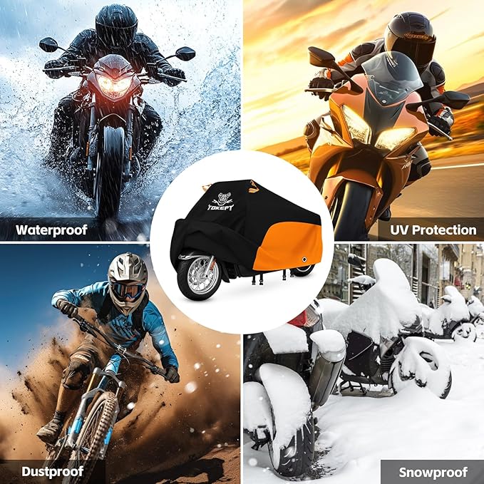 Motorcycle Cover, Heavy Duty Outdoor Waterproof Motorcycle Cover, Motorcycle Scooter Cover with Locking Holes for Yamaha Honda Suzuki Kawasaki up to 116 Inch (XXXL Black&Orange)