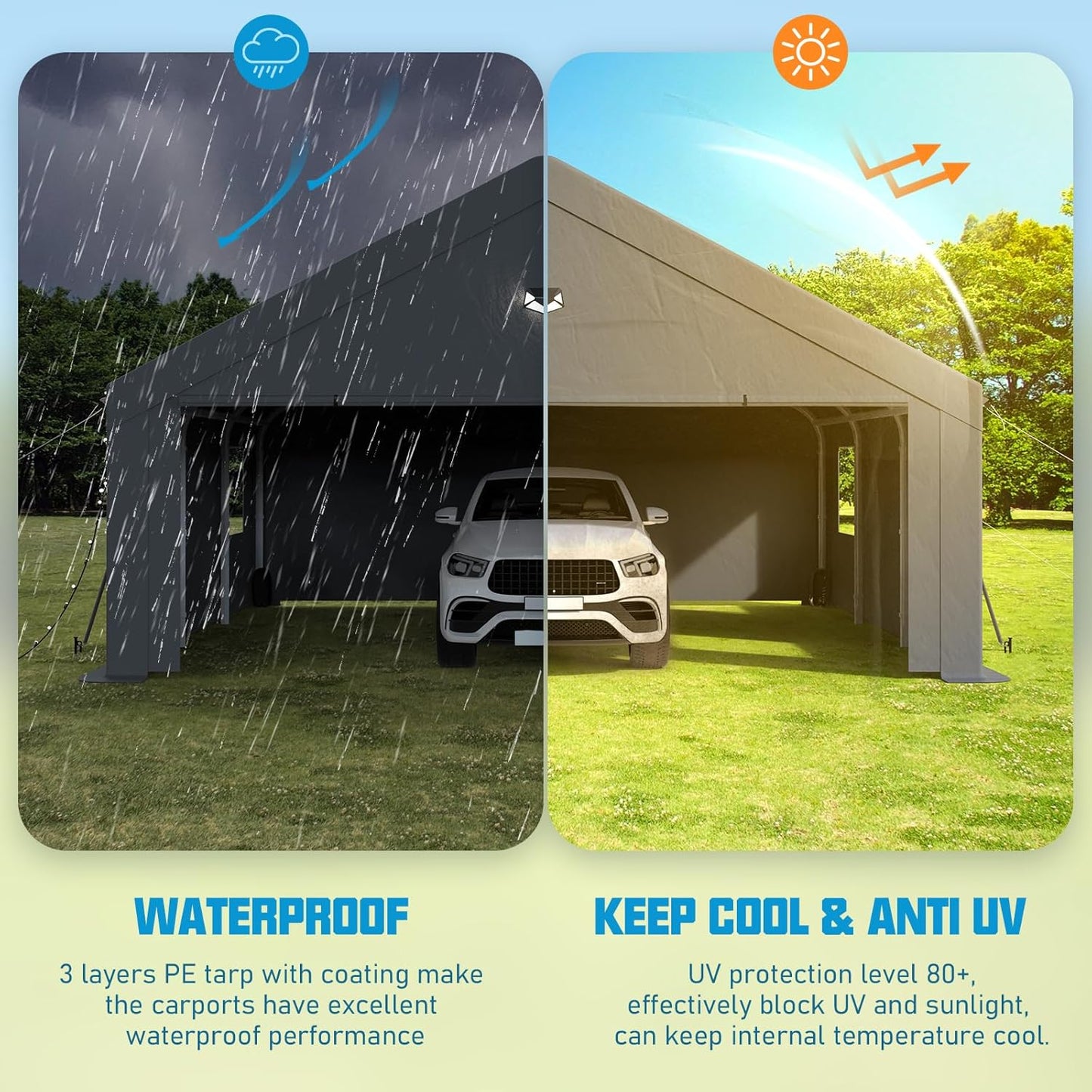 20x20 Carport Canopy, Heavy Duty Car Port, Portable Car Ports Garage with 2 Roll-Up Zipper Drive Through Doors, Grey