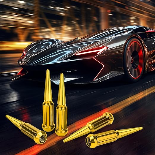 M14x2 Spike Lug Nuts, Set of 24 Gold Spline Spiked Lug Nut with Key for Jeep Wrangler 1987-2024 Ford Expedition 2000-2024 F-250 F-350 1999-2024, 14x2 Acorn Solid Metal Truck LugNut