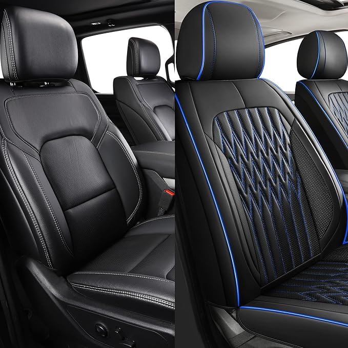 Huidasource Car Seat Covers, Waterproof Leather Vehicle Cushion Covers, Universal Fit for Most Sedan SUV Pickup Truck, Fit for Jeep Acura Honda Civic Nissan Mazda Dodge Buick (Full Set/Black&Blue)