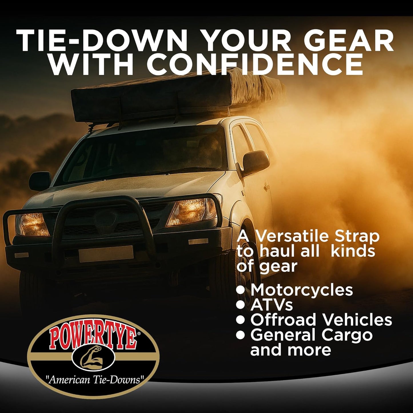 PowerTye 1.5in x 6.5ft Heavy Duty Ratchet Tie-Down Straps with Soft-Tye and Carabiner Hooks - 1,000 lb Working Load Limit / 3,000 lb Breaking Strength - Made in USA - Black/Black Pair