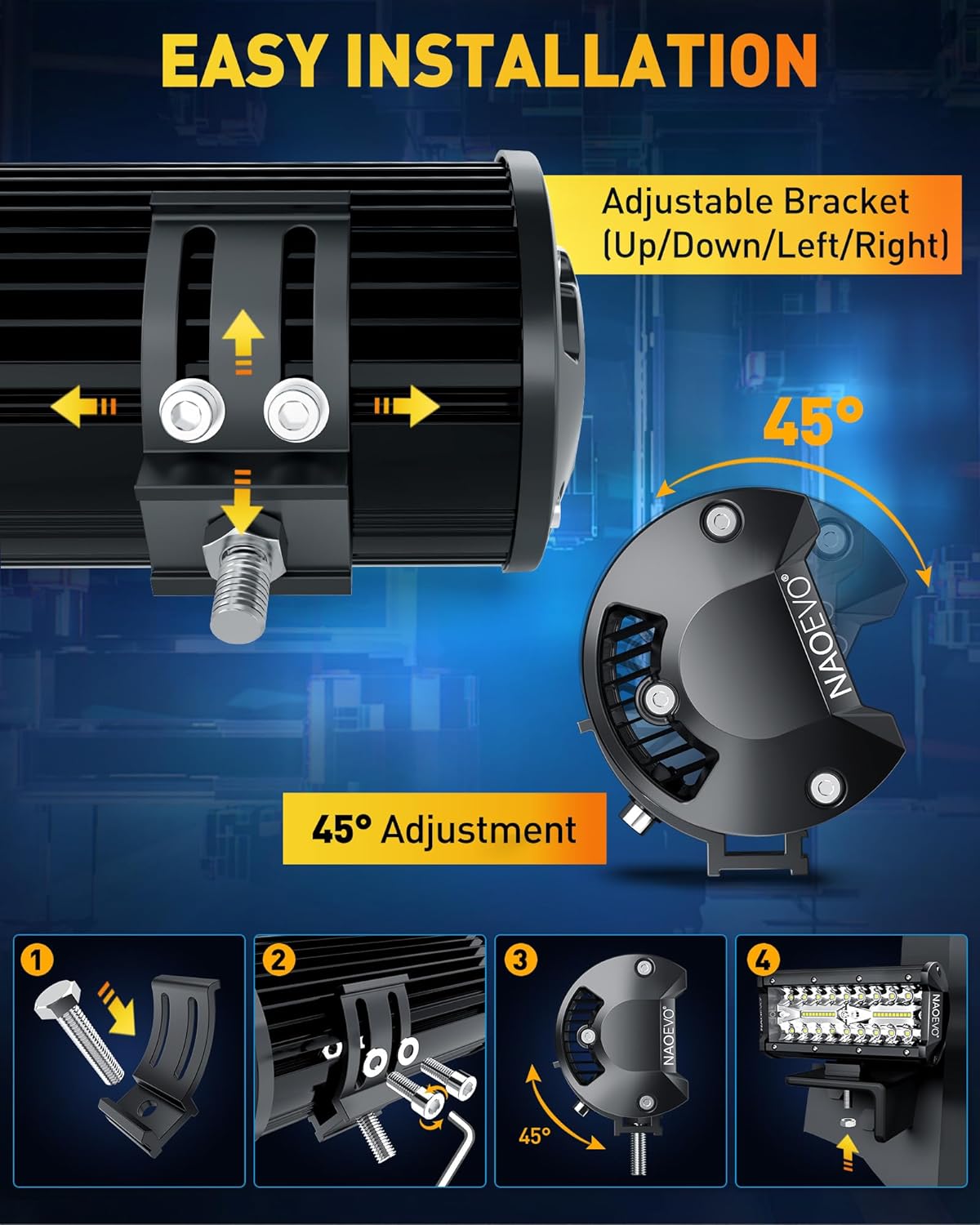 NAOEVO 7 Inch LED Light Bar, 240W 24,000LM Offroad Fog/Driving Lights LED Pods with 2 Leads Wiring Harness Kit, Spot Flood Combo Beam, Work for Truck Boat UTV ATV, 2-Pack (White)