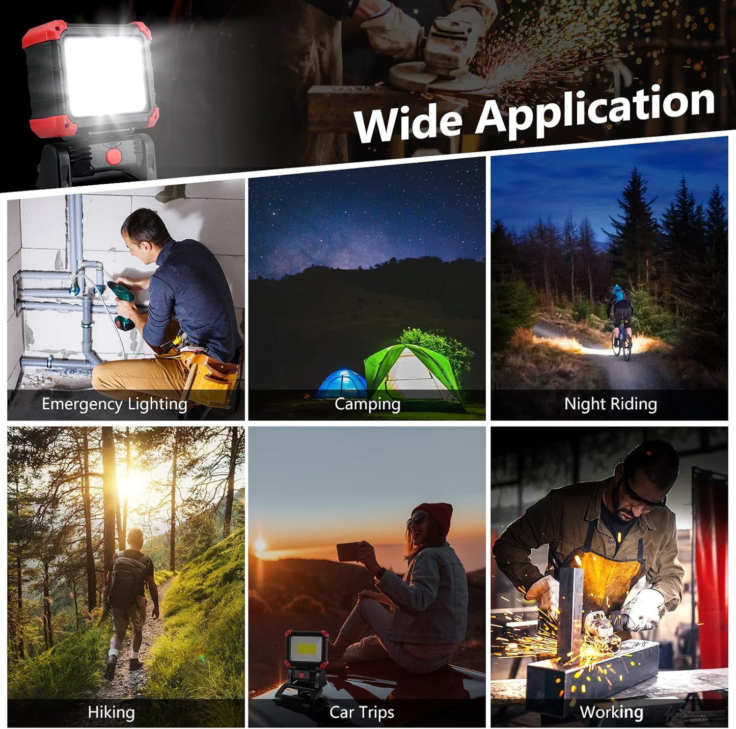 LED Rechargeable Work Light with Clamp, 2100LM Super Bright COB Magnetic Work Light with 3 Light Modes, 270° & 180° Rotation, Waterproof, Perfect for BBQ, Jobsite, Workshop, Car Repairing