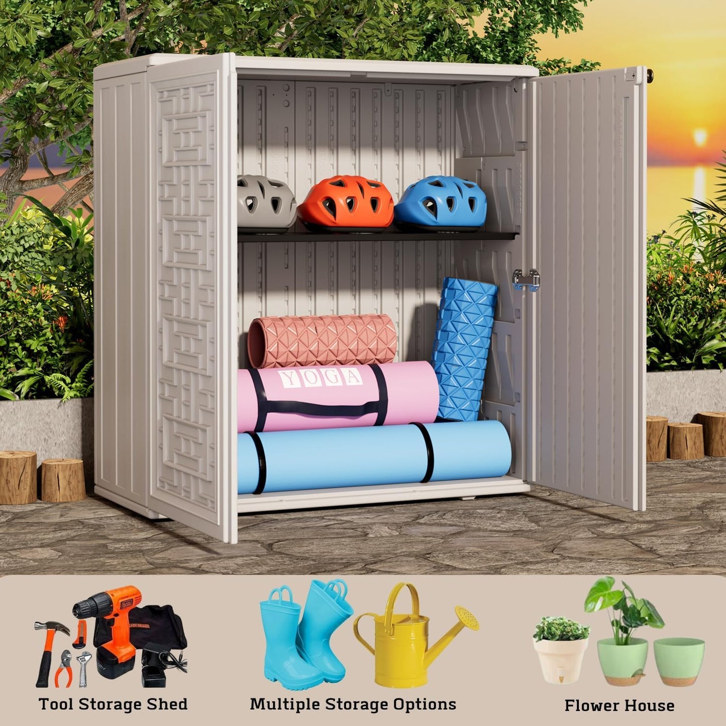 ZZM HDPE Outdoor Storage Shed, Outdoor Plastic Storage Cabinet, Horizontal Resin Tool Shed for Garden, All Weather Outdoor Storage Clearance, DIY Usage, with one Shelf (White)
