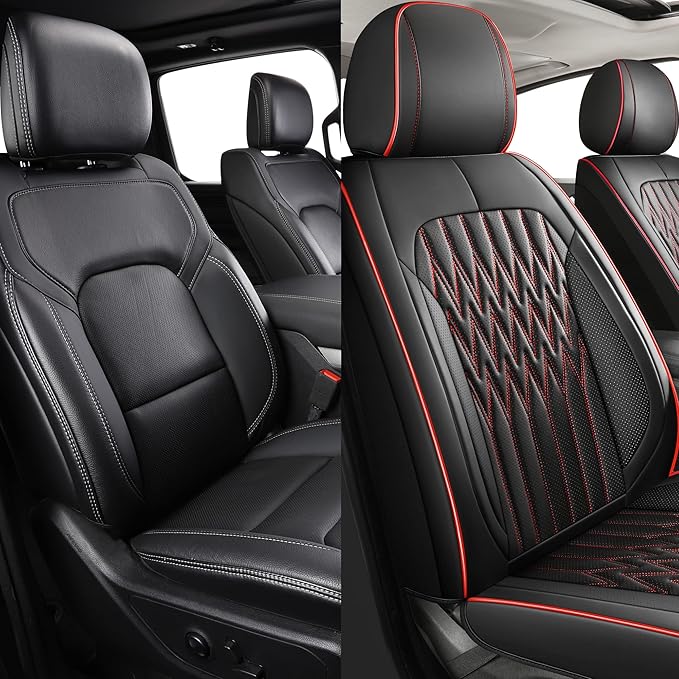 Huidasource Car Seat Covers, Waterproof Leather Vehicle Cushion Covers, Universal Fit Most Car Sedan SUV Pickup Truck, Fit for Jeep Acura Honda Civic Nissan Mazda Dodge Buick (Full Set/Black&Red)