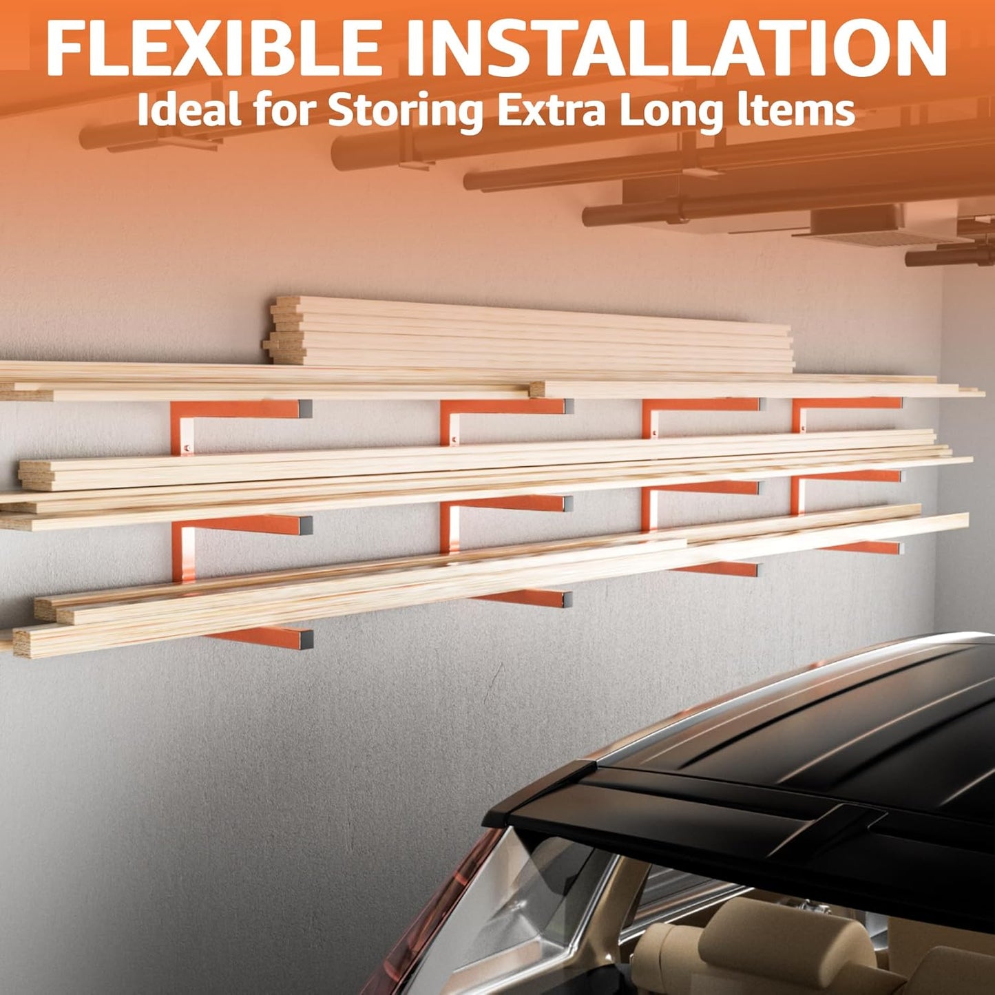 YYR Wood Organizer and Lumber Storage Rack Wall Mount, Heavy Duty Metal Shelf with 6-Level Holds Up 1200 LBS, Indoor & Outdoor Use - Orange