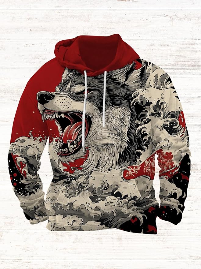 Mens Animal Print Graphic Hoodies Casual Long Sleeve Japanese Art Style Hooded Sweatshirt Lightweight Pullover Tops