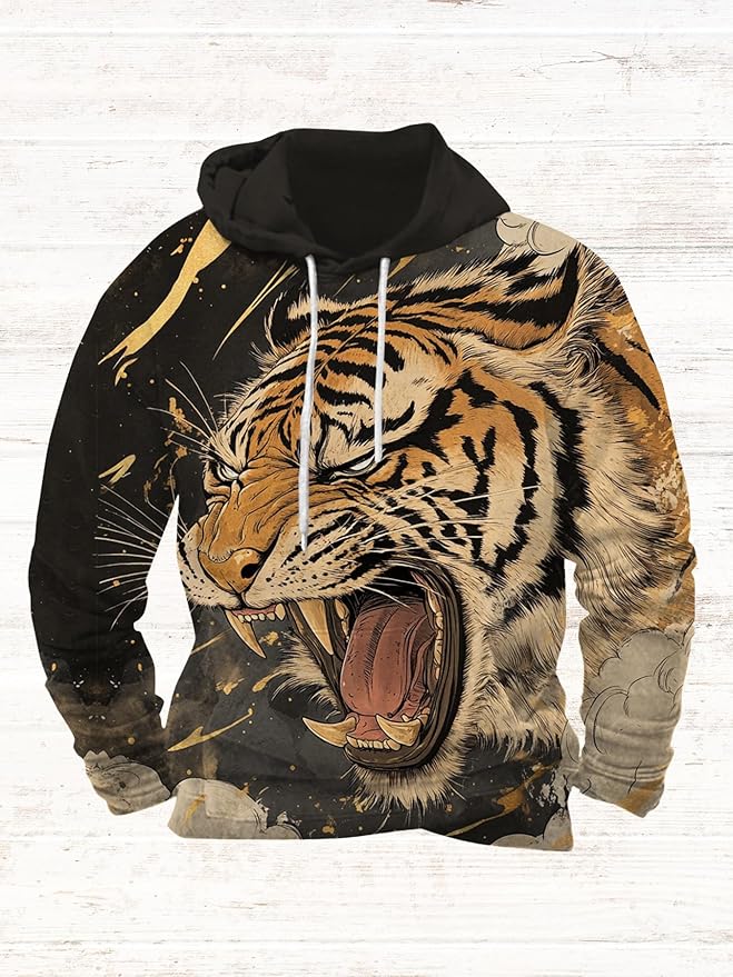 Mens Animal Print Graphic Hoodies Casual Long Sleeve Japanese Art Style Hooded Sweatshirt Lightweight Pullover Tops