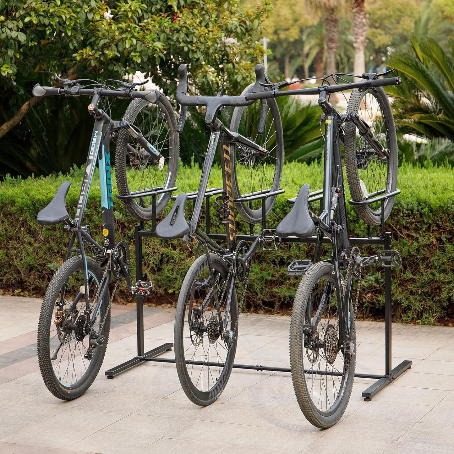 CXWXC 3/5 Bikes Stand Rack - Bike Storage Parking Racks Indoor/Outdoor - Bicycle Stand Garage for Parking Mountain Road Hybrid Bike, Fits Wheels up to 2.4" (For 5 Bikes)