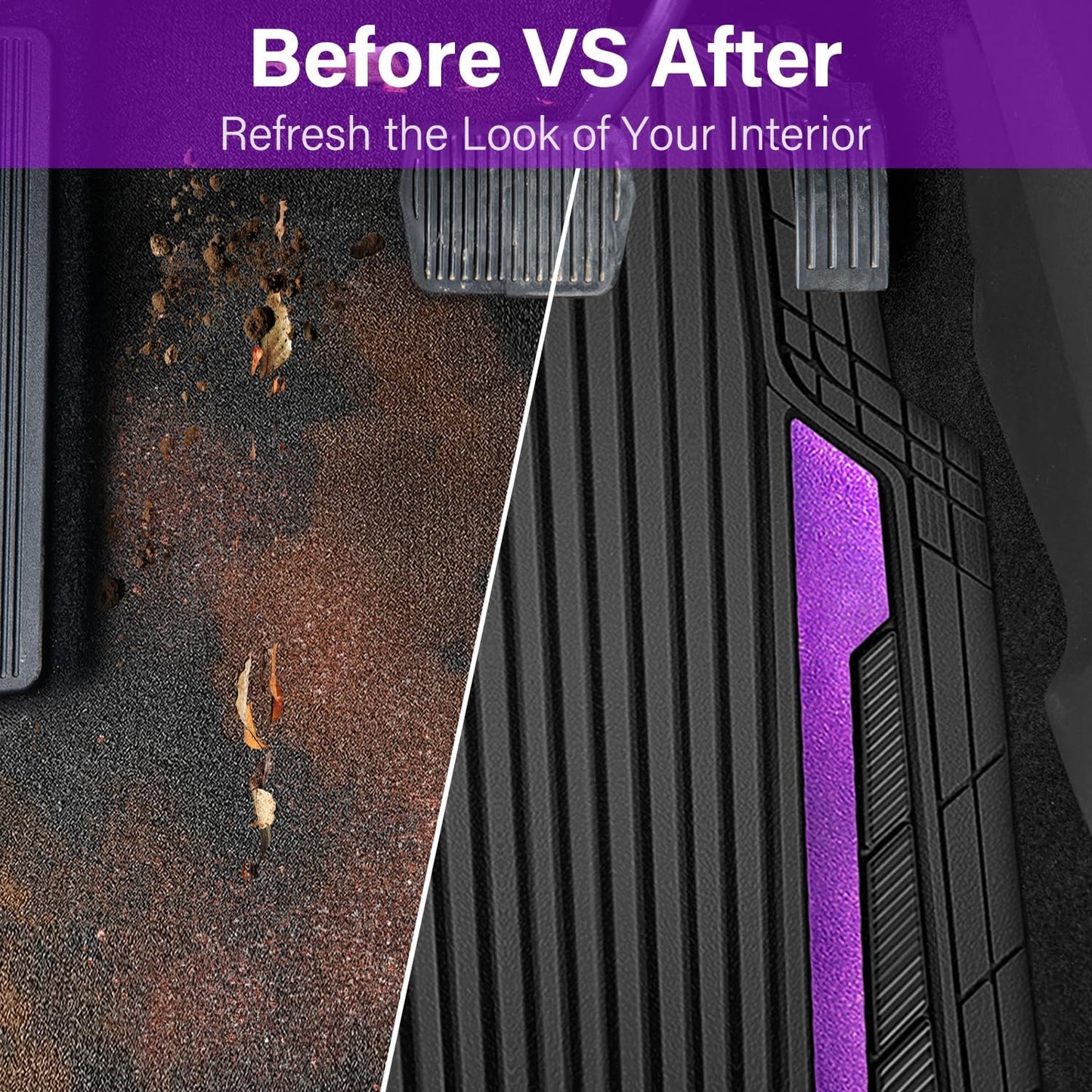 CAR PASS Heavy Duty Rubber Car Mats Metallic,Aluminum Film All Weather Floor Mats Waterproof Universal Trim to Fit SUVs Sedans Vans 4 Piece Anodized Deep Dish Two-Tone Sporty Black Purple Chrome