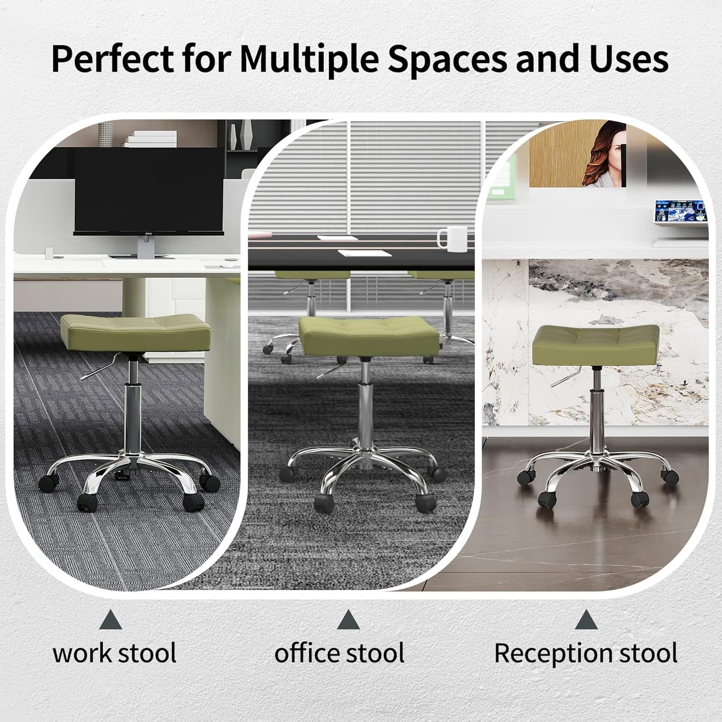 Adjustable Work Stool with Wheels (300lbs Capacity) (Saddle Shaped Seat) Faux Leather Workbench Stool (Green)