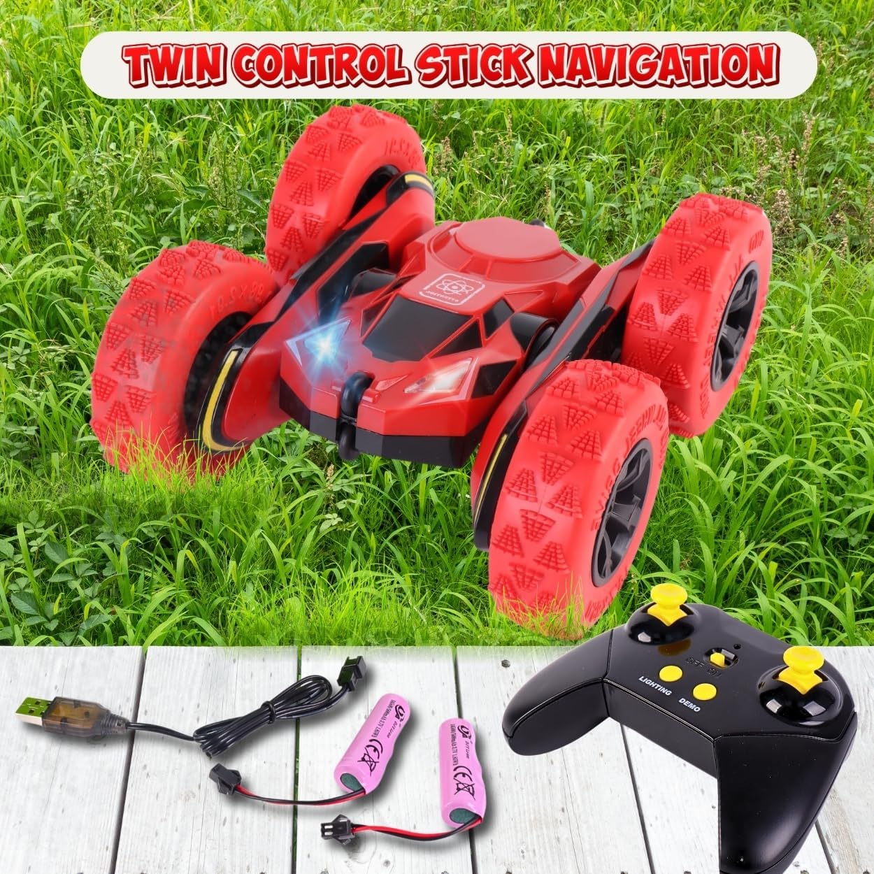 All-Round Drive Stunt RC Car - 360ยฐ Spins, High-Speed Off-Road with LED Headlights, 2 Rechargeable Batteries, AAA Remote Batteries, All-Terrain for Kids 6+ & Adults (Red)