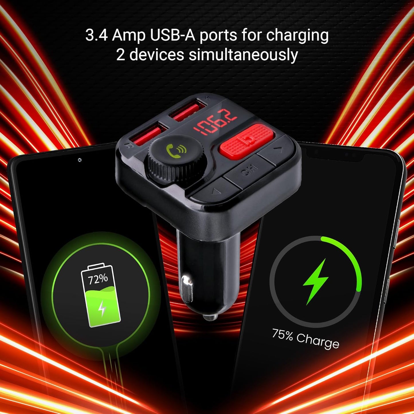 Monster Bluetooth FM Transmitter for Car Cigarette Lighter, Bass Boost, Track Back/Forward, Volume, Play/Answer Buttons, Micro SD Card Slot, Microphone, 2 USB Chargers, Google Voice & Siri Compatible