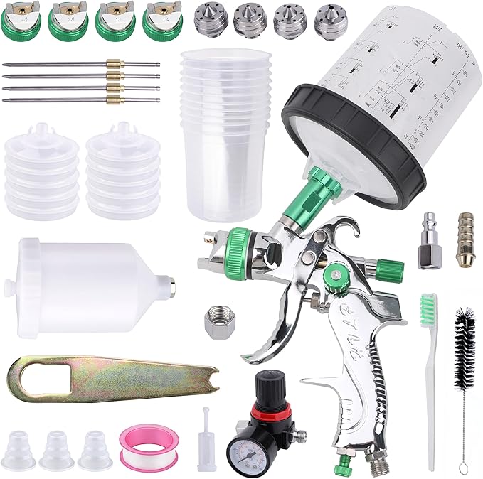 HVLP Spray Gun with 10Pcs 600ML Disposable Paint Cups, 4 Nozzles,1.4/1.7/2.0/2.5mm, Automotive Gravity Feed Paint Spray Gun Kit with Air Compressor Regulator for Auto (Green)