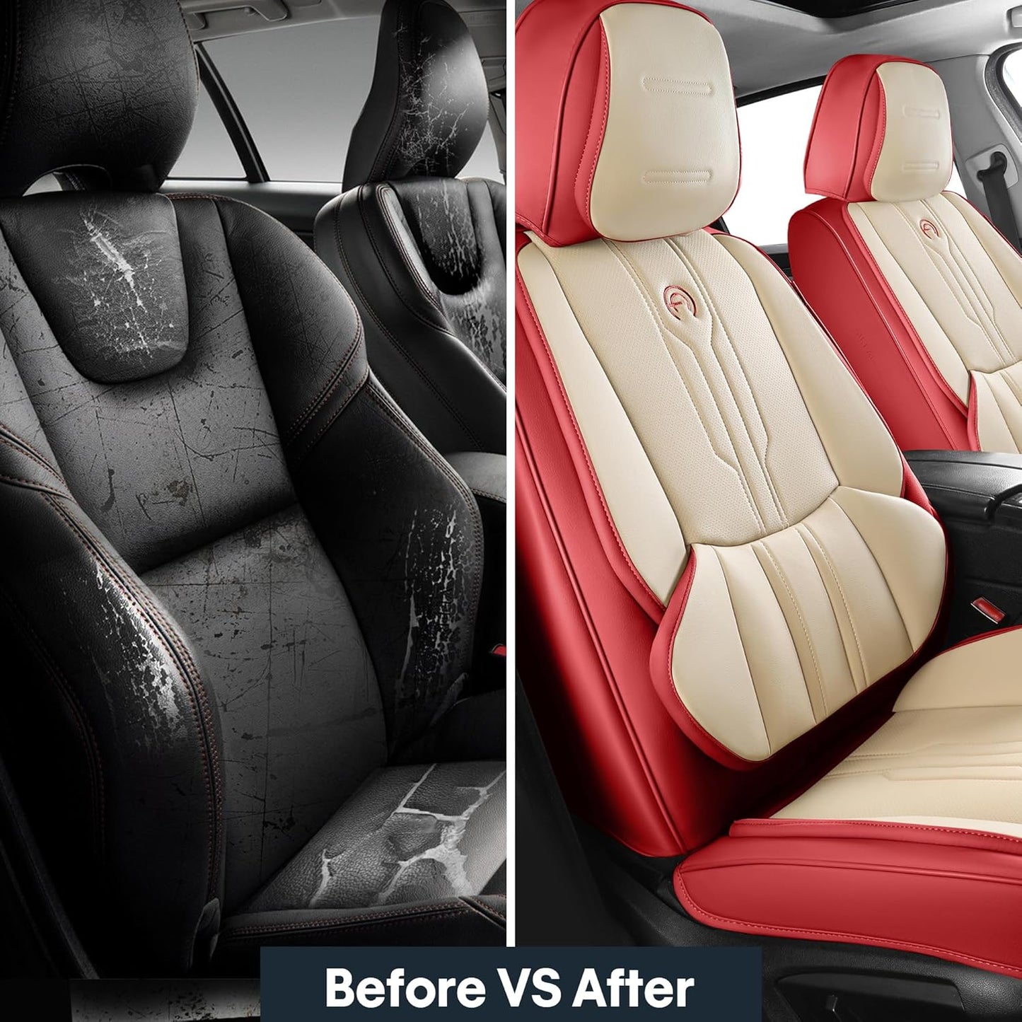 AOOG Front Seat Covers, Car Seat Covers Front Seats, Leather Seat Covers for Cars, Waterproof Seat Covers with Lumbar Support Universal Fit for Most Cars SUV Trucks(Front Pair, Red)