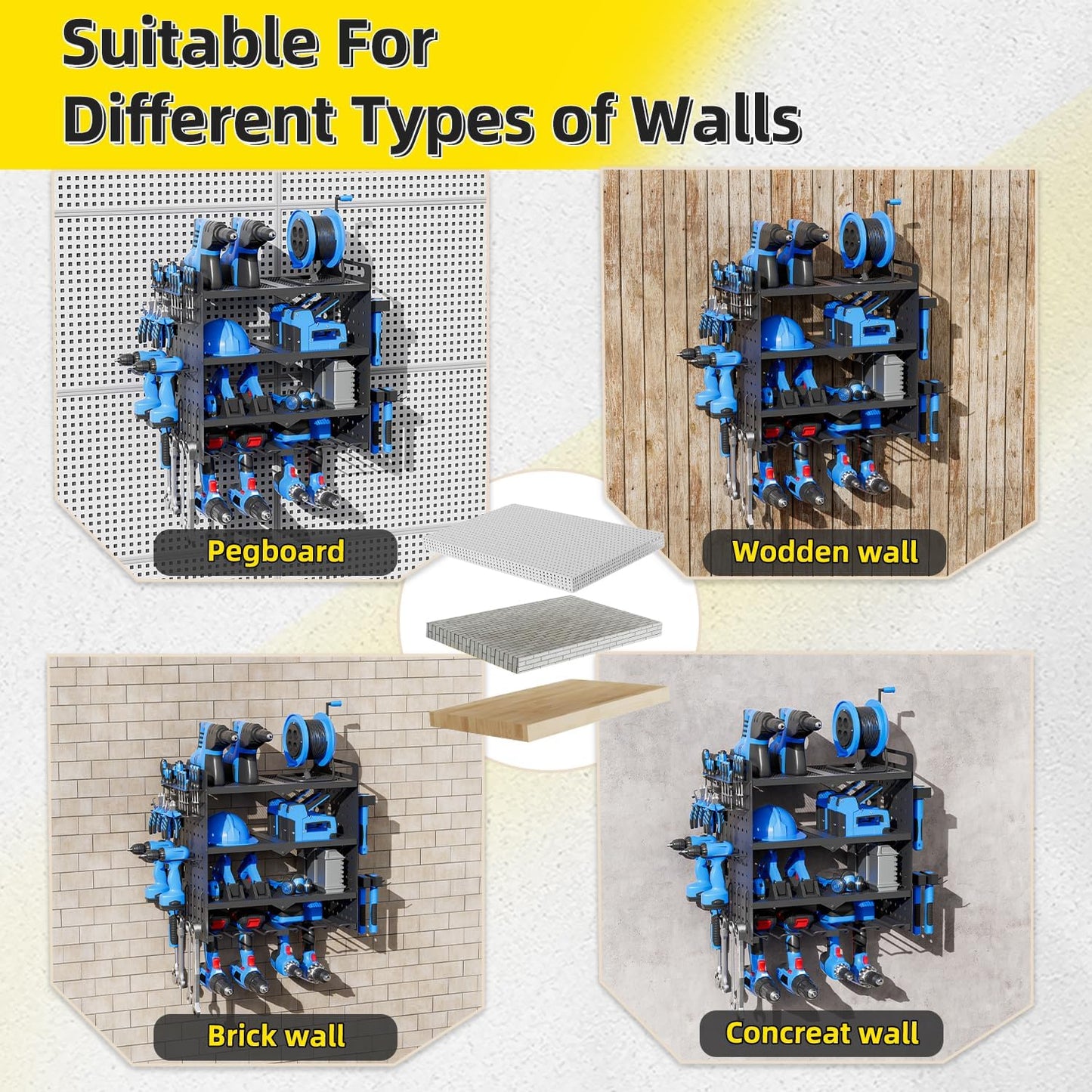 Power Tool Organizer Wall Mount with Charging Station, 4 Layers 6 Drill Holder, Heavy Duty Storage Utility Racks, Supports 600 lbs,Battery Shelf for Garage and Workbench (16 Inch 4 Drills Holder)