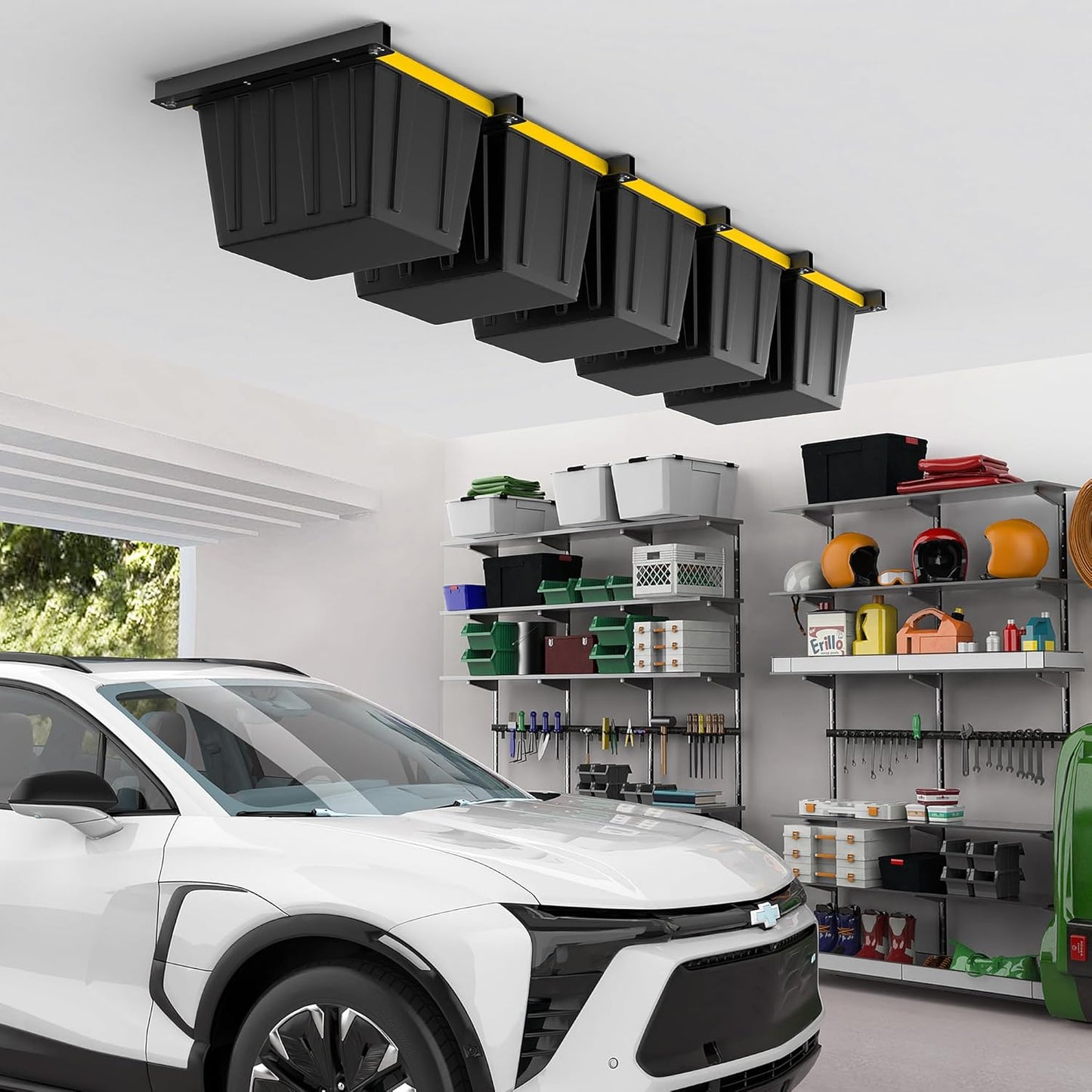 EVERHANGER Ceiling Storage Rack, Heavy Duty Overhead Garage Storage Rack, Adjustable Ceiling Bin Storage System, 6 Sets for 5 Bins, 26 Inch