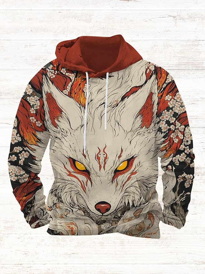 Mens Animal Print Graphic Hoodies Casual Long Sleeve Japanese Art Style Hooded Sweatshirt Lightweight Pullover Tops