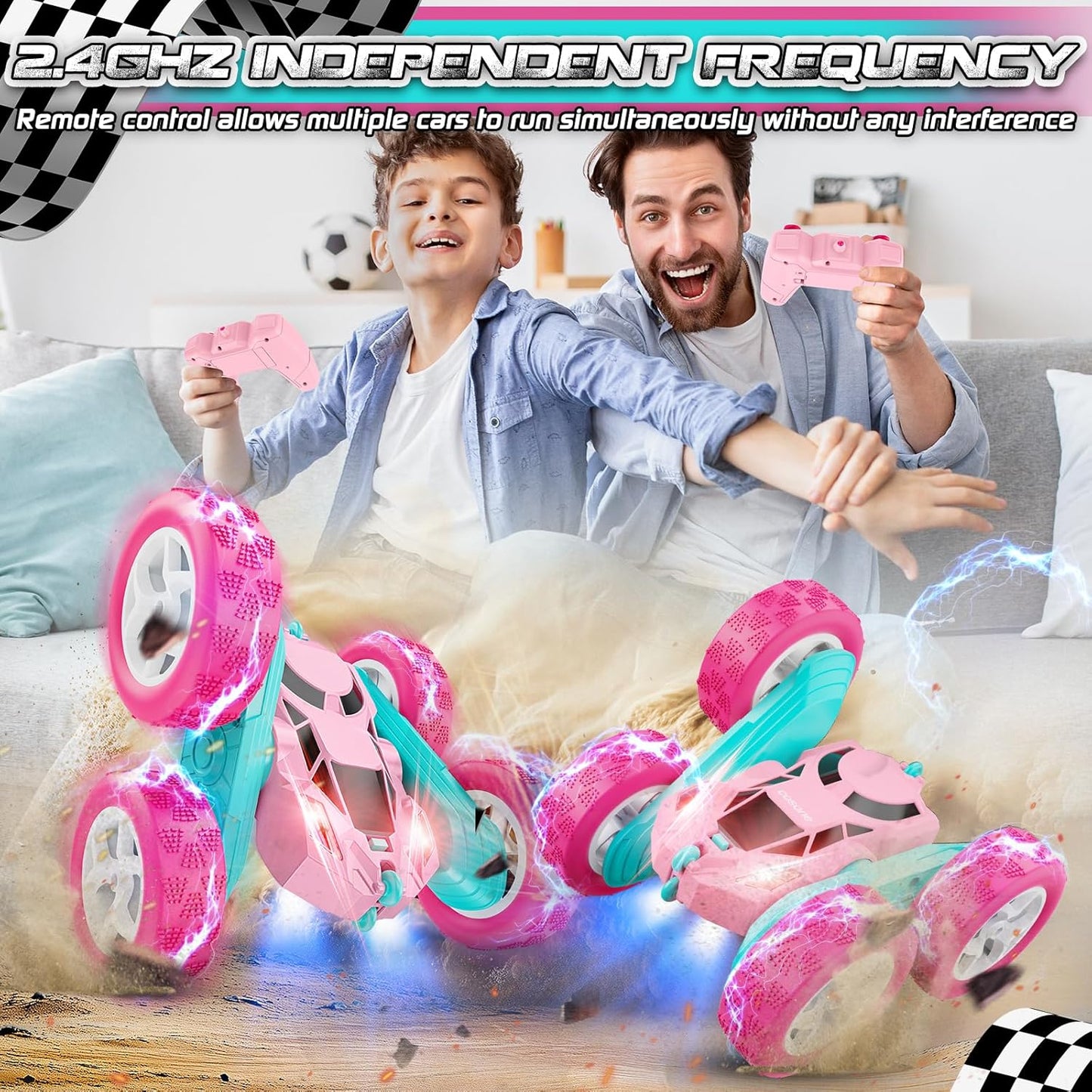 Pink Remote Control Car for Girls - RC Stunt Cars with 4WD Double-Sided Driving 360° Flips Rotating, Off Road Remote Car Outdoor Toys for Kids Age 6 7 8-12, Christmas Birthday Gifts