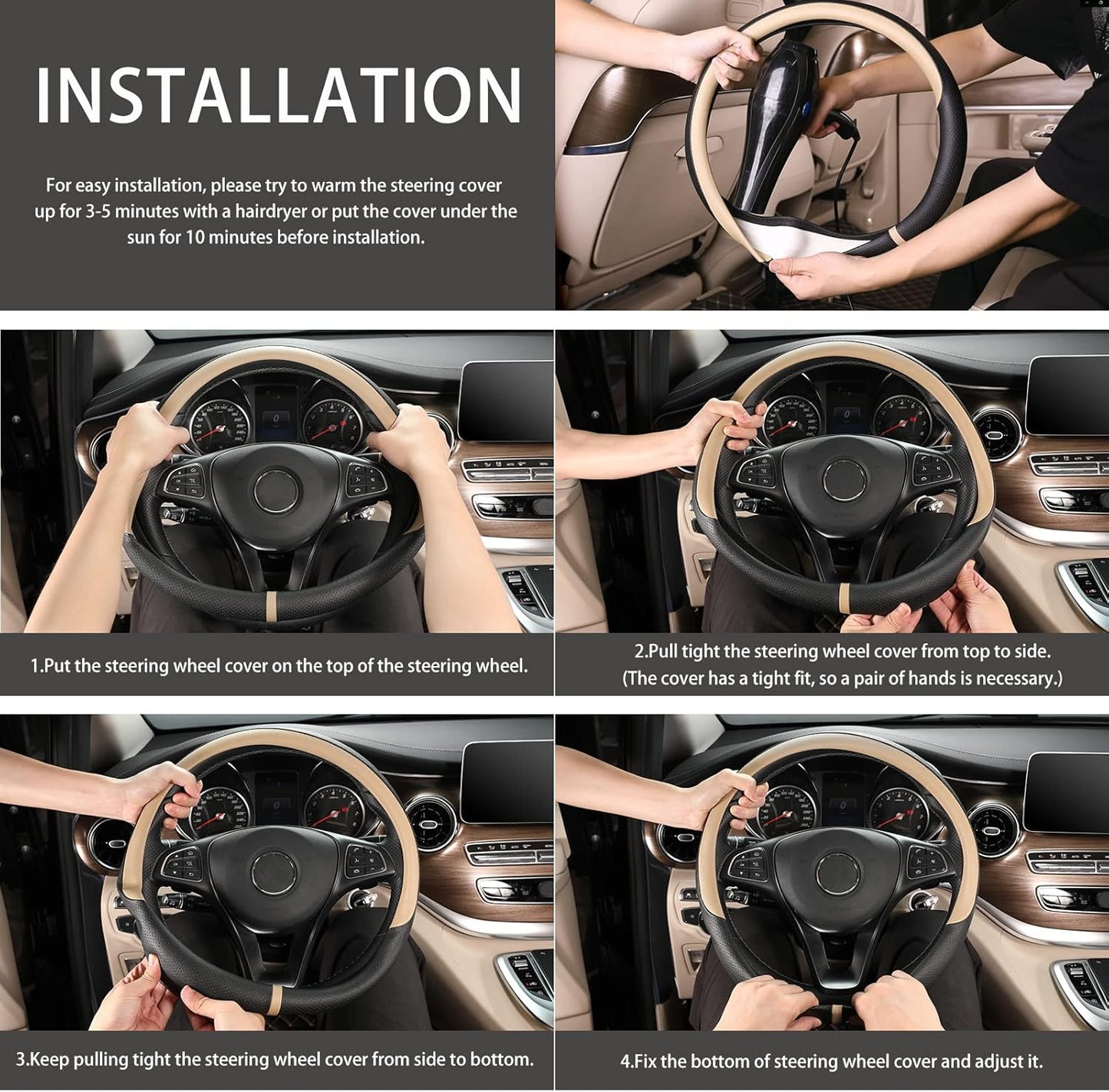 COFIT Breathable Car Steering Wheel Cover 16 inch Auto Universal Leather Wrap Non-Slip Steeringwheel Protector Automotive Interior Accessories, Beige (Suit for 15.5-16 inch)