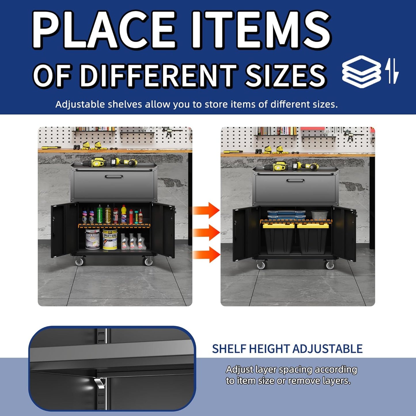 Metal Garage Storage Cabinet with Wheels,Locking Rolling Tool Cabinet with Drawers and Shelves for Home, Office, Garage & Workshop