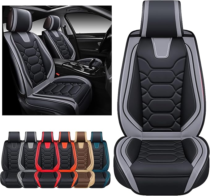 OASIS AUTO Car Seat Covers Front Seats, Waterproof Faux Leather Seat Covers for Cars Universal Fit for SUV, Truck, Sedan, Black Premium Car Seat Protector with Cushions (OS-004 Black&Gray)