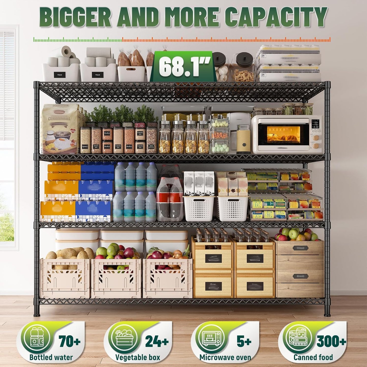 68.1"W Storage Shelves 2500LBS Wire Shelving Unit, Garage Shelving Heavy Duty, Adjustable Metal Shelves for Garage, Pantry, Kitchen, Basement, Warehouse, Business 68.1"W x 20.9"D x 70.9"H