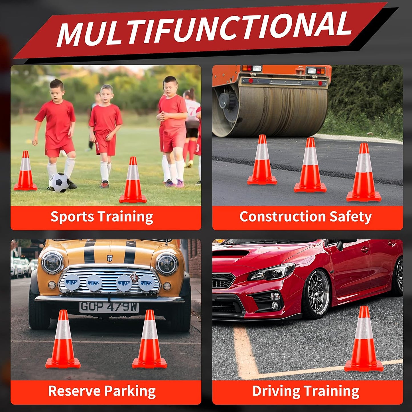 Traffic Cones 18 inch 12 Pack Safety Cones Orange with Reflective Collars Fit Parking Lot,Driveway Road Traffic Control Construction Sport Cones