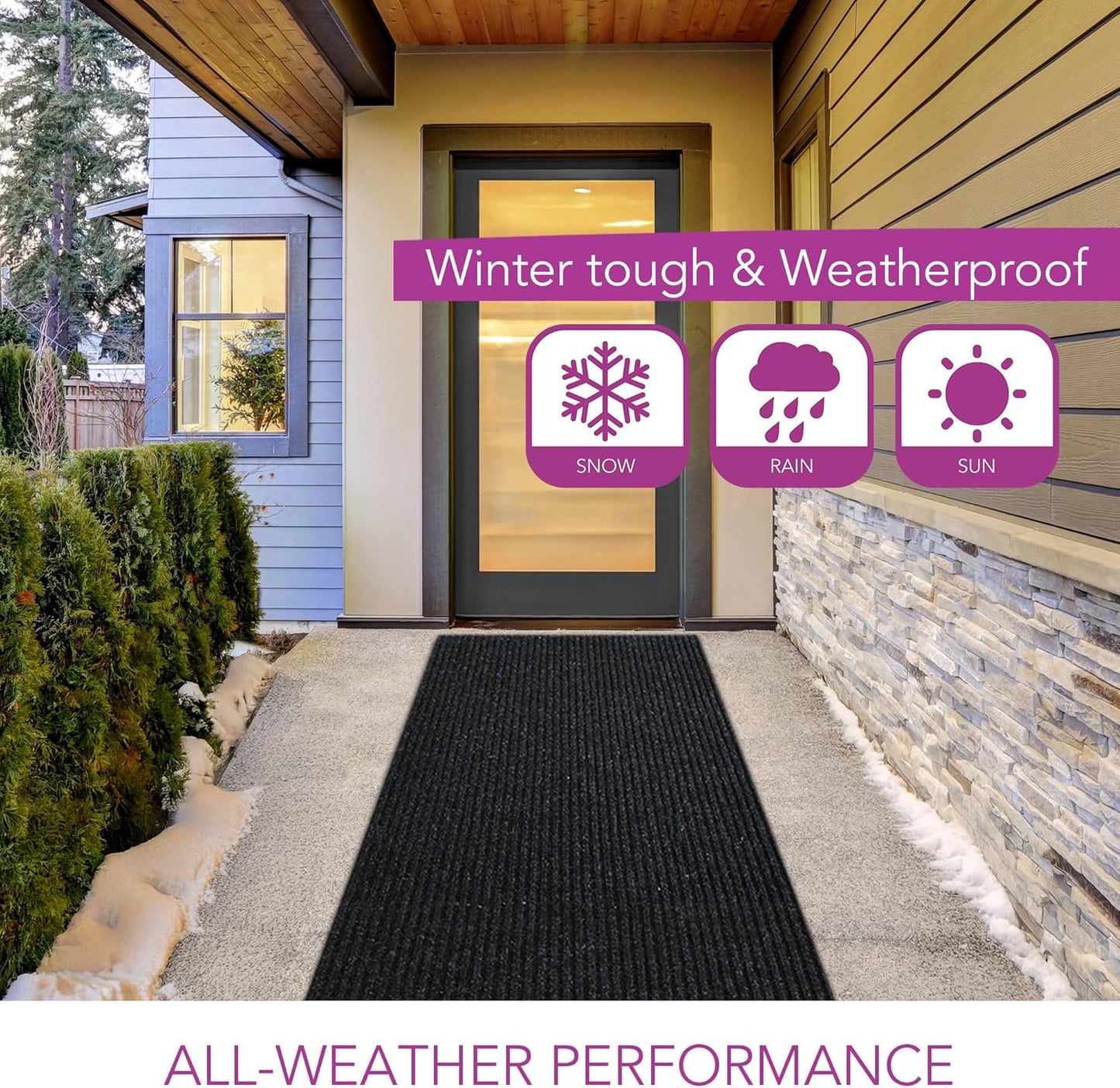 iCustomRug Spartan Weather Warrior Indoor/Outdoor Utility Ribbed Carpet Runner with Non-Slip Thermoplastic Rubber Backing, 3ft X 20ft in Black