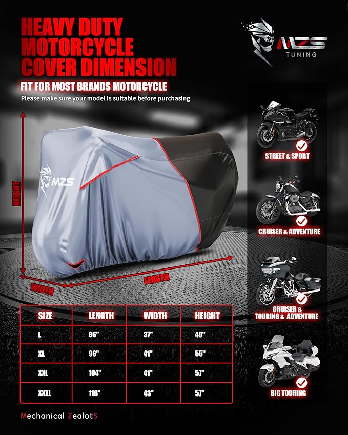 MZS Motorcycle Cover Waterproof Outdoor, Heavy Duty All Season Weather Sun Protection with Storage Bag Vents Night Reflective Cotton Lining Lock Holes fits up to 86" Motorbikes Vehicle Covers