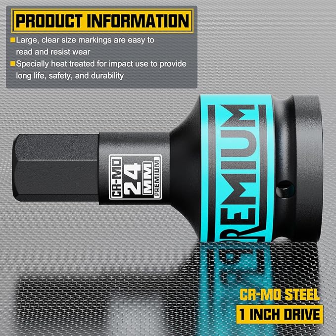1" Drive H24 Impact Hex Bit Socket, 24 mm Allen Bit Socket, Metric, Cr-Mo Steel, Truck Repair and Equipment Maintenance