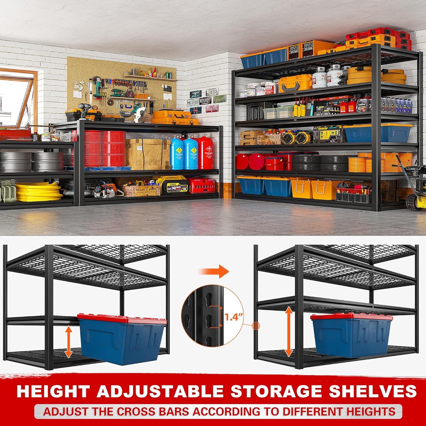 REIBII 3500LBS Garage Shelving, Adjustable Storage Shelves Heavy Duty, 6 Tier Heavy Duty Shelving, Metal Shelving Unit for Warehouse, Basement, Industrial, 55" W x 26" D x 84" H, Black, 4 Pack