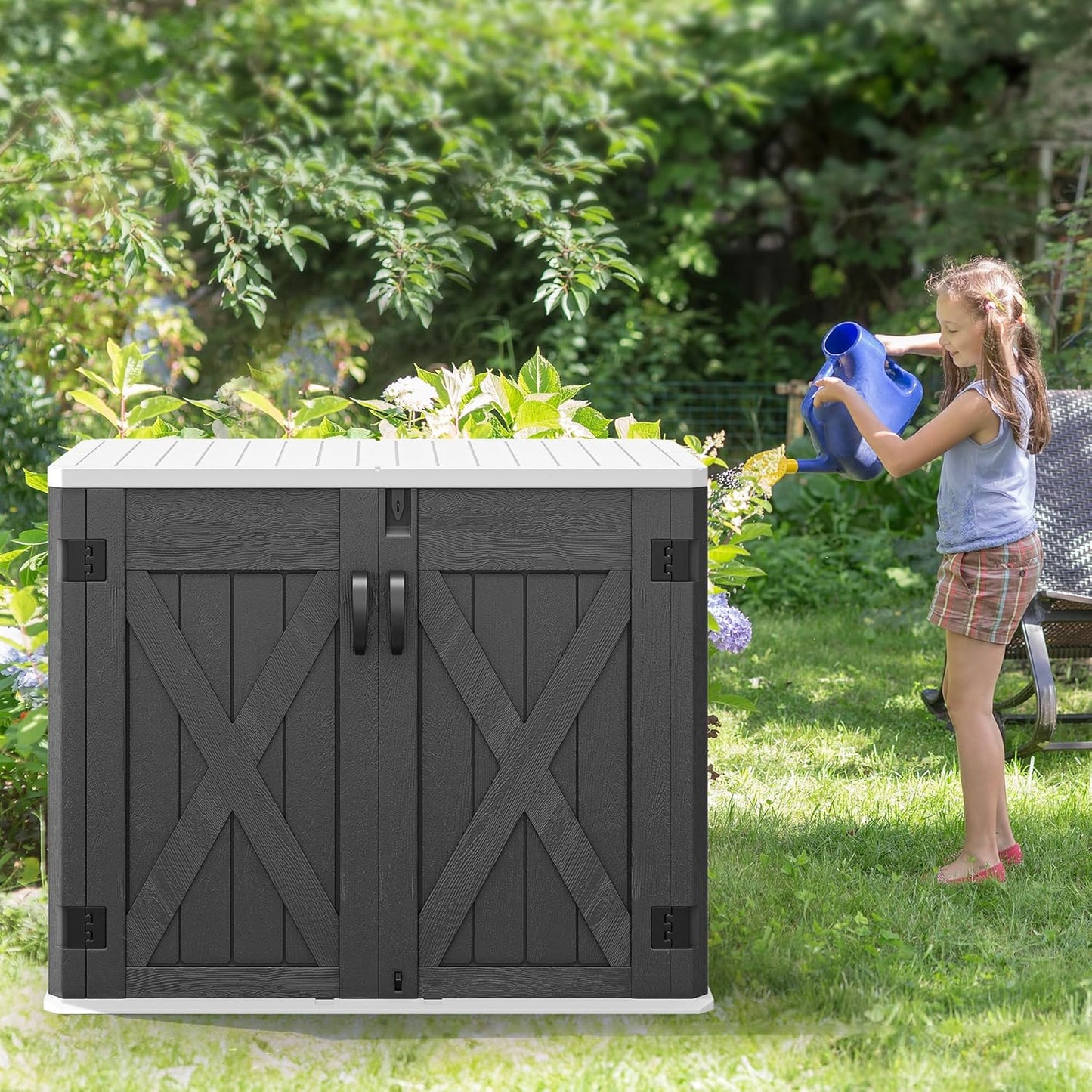 YITAHOME Outdoor Resin Storage Sheds with X-Shaped Lockable Door, 39 in Height Lockable Waterproof Horizontal Shed w/o Shelf, Easy to Assemble Shed Storage for Garden Tools, Dark Gray