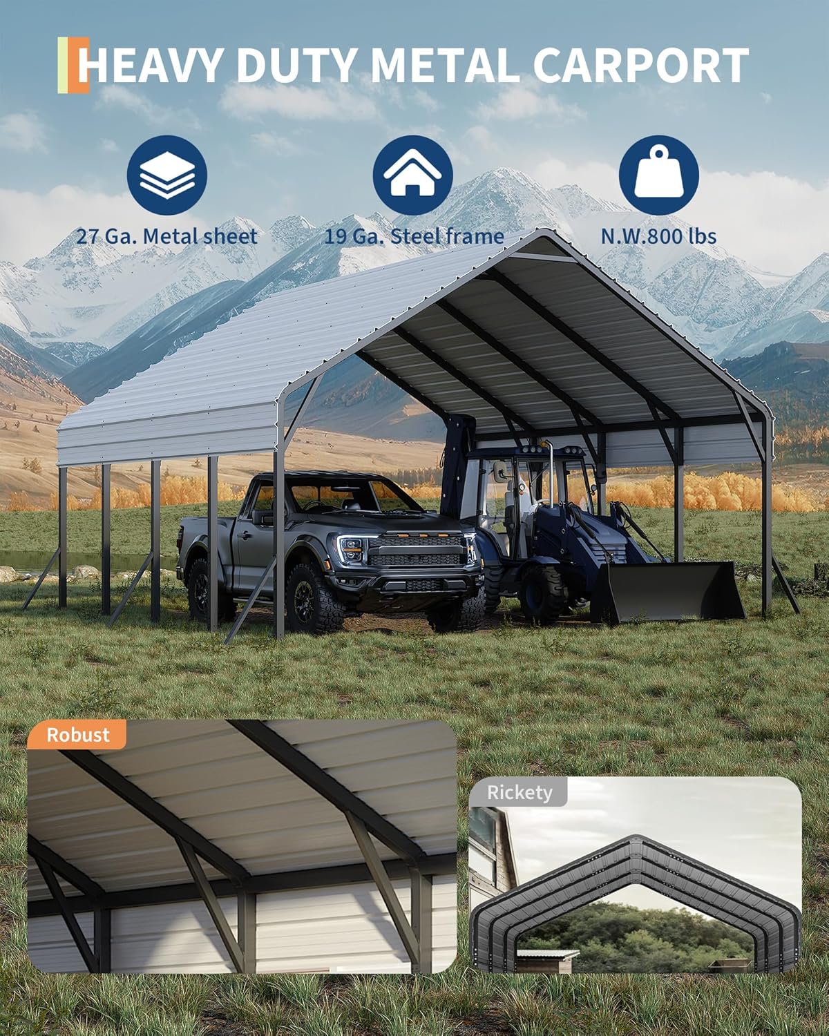 20'x20'x13' Metal Carport for 2 Cars, Heavy Duty Car Ports for Heavy Snow, Reinforced Frame, Tall Metal Car Ports for Bass Boats, Full-Sized Pickup Trucks, and Tractors, N.W. 800 Lbs