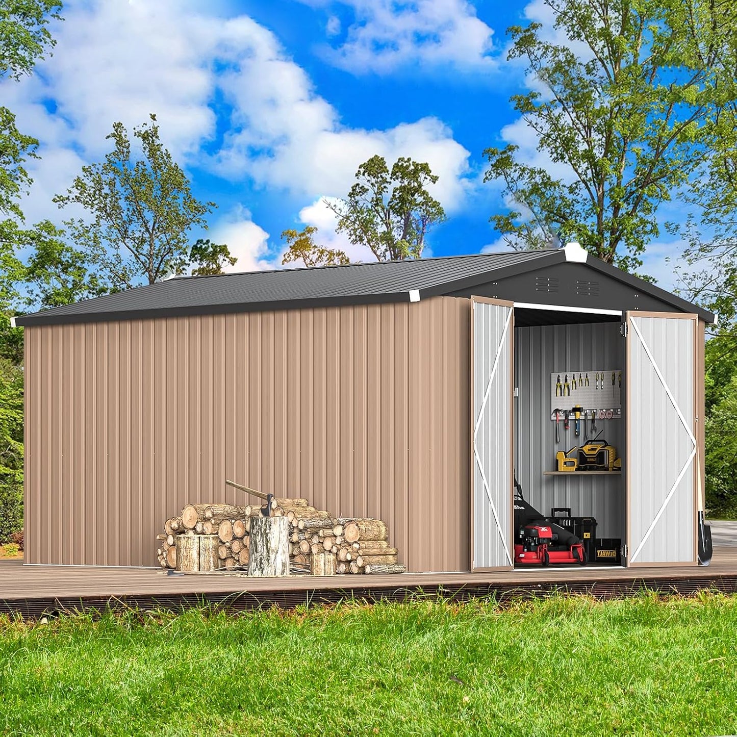 AECOJOY 10' x 14' Shed Metal, Outdoor Storage Sheds & Outdoor Storage 10' x 14' with Lockable Doors, Large Steel Yard Shed, Utility and Tool Storage for Garden, Backyard, Patio, Outside use in Grey