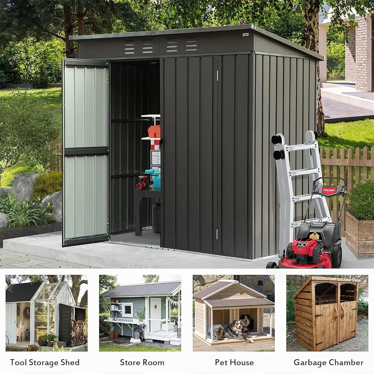 IKERY Galvanized Steel Garden Shed - 6' x 4' with Sloping Roof and Lockable Door, Metal Utility Storage Shed for Backyard Tools, Dark Gray